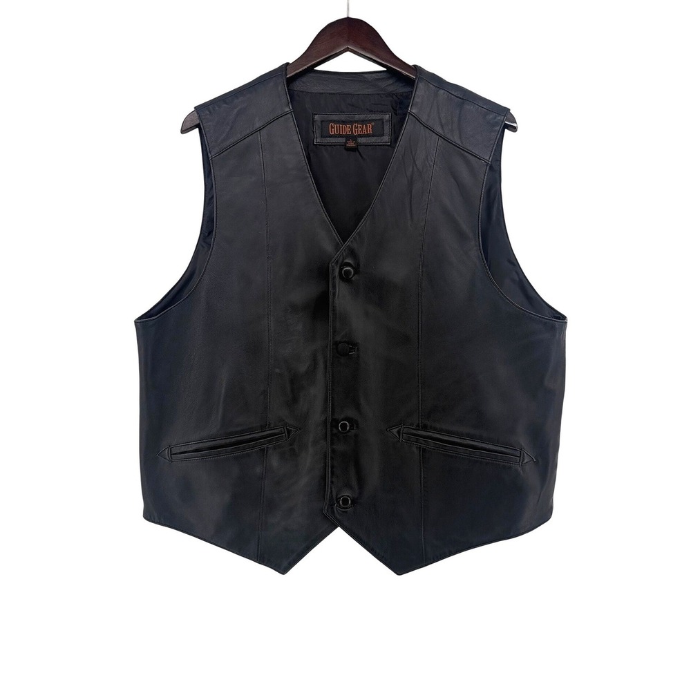 Guide Gear Mens Black Genuine Leather Western Biker Vest Large Button Front L
